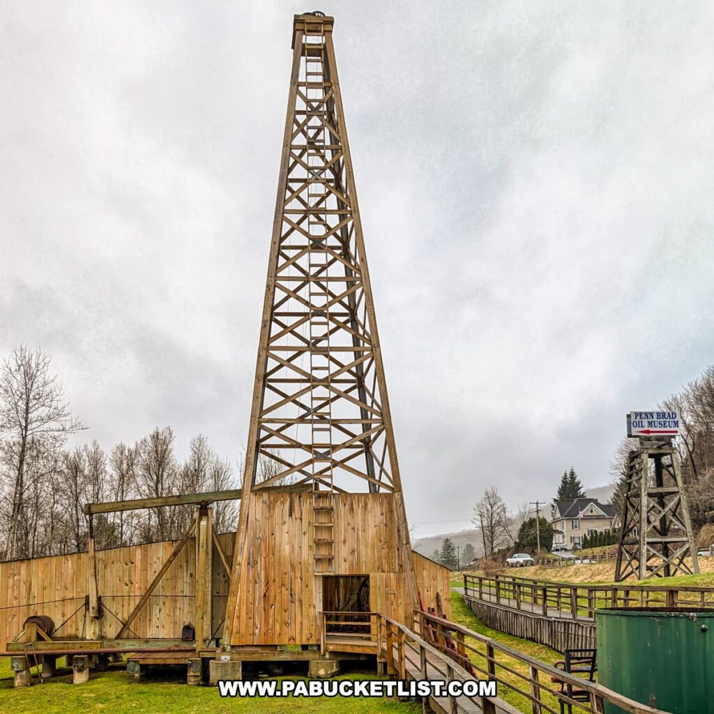 Outdoor exhibit at the Penn Brad Oil Museum in McKean County, Pennsylvania, featuring a reconstructed wooden oil derrick with a walking beam mechanism used for early oil drilling, set against a cloudy sky with trees in the background; a wooden ramp and walkway lead up to the derrick, and a Penn Brad Oil Museum sign is visible in the distance near a road and nearby homes.