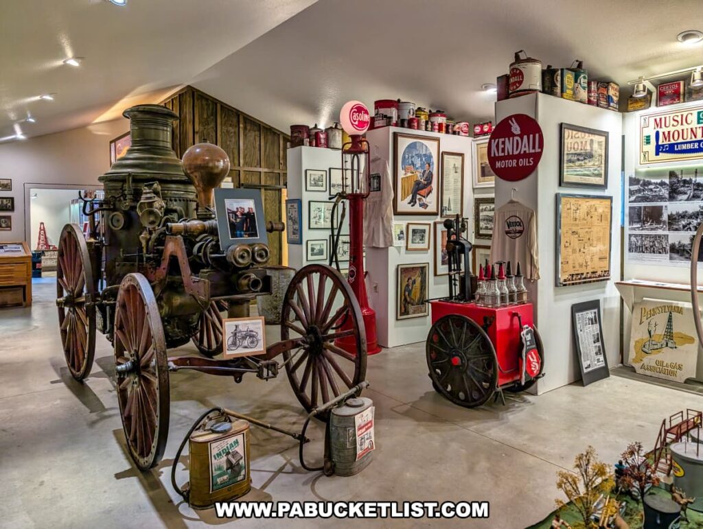 Indoor exhibit at the Penn Brad Oil Museum in McKean County, Pennsylvania, featuring a historic steam-powered oil field fire engine mounted on large wooden wheels, surrounded by vintage oil industry artifacts such as an antique gasoline pump, oil cans, glass oil bottles, and Kendall Motor Oils signage; the display area also includes framed photographs, advertisements, and memorabilia from the Bradford Oil Field's rich history.