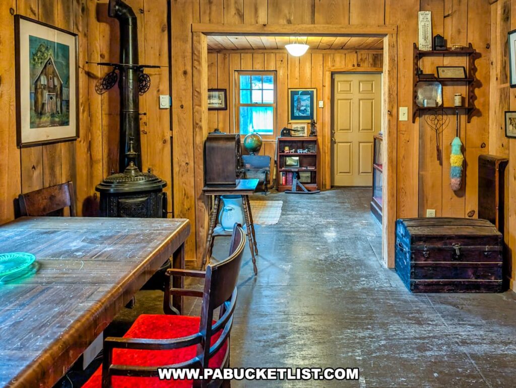 Replica of an early oil field worker’s house on display at the Penn Brad Oil Museum in McKean County, Pennsylvania, featuring rustic wooden walls, vintage furnishings, a cast iron stove, a large wooden dining table with chairs, a roll-top desk, and various household items meant to recreate the living conditions of oil workers during the Bradford Oil Field boom era.