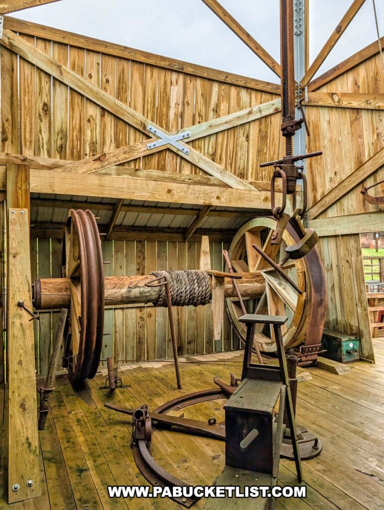 Close-up view of a historic wooden winch system inside a reconstructed oil derrick at the Penn Brad Oil Museum in McKean County, Pennsylvania, featuring large wooden and metal wheels, thick rope wound around a wooden spool, and various mechanical components used to raise and lower drilling equipment in early oil field operations; the scene is surrounded by the wooden walls and floor of the oil rig structure.