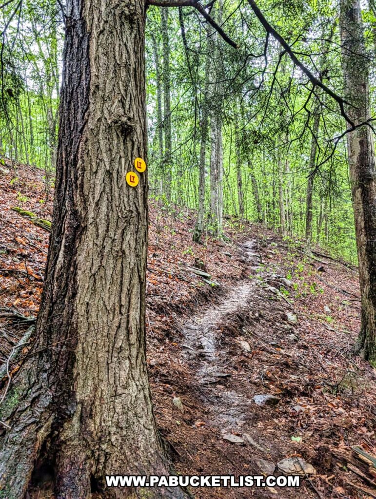 A rugged section of the Loyalsock Trail near Angel Falls in Sullivan County, Pennsylvania, showing a narrow, rocky path climbing uphill through a dense forest of tall trees, with two yellow Loyalsock Trail markers affixed to a large tree in the foreground.