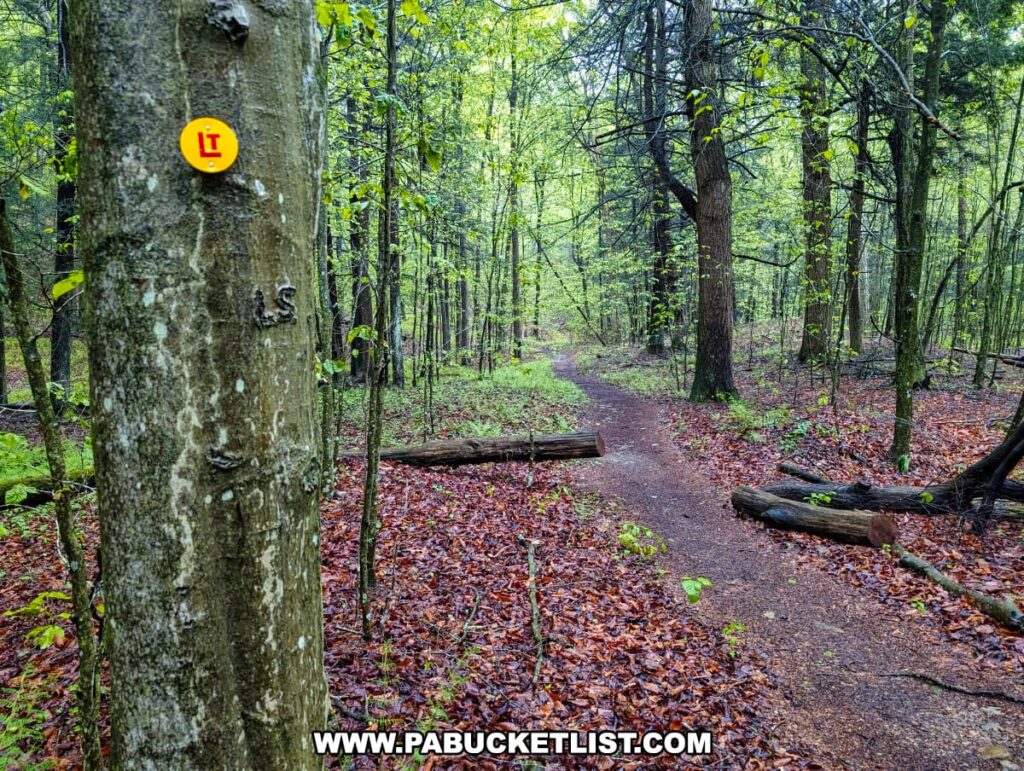 A peaceful stretch of the Loyalsock Trail near Angel Falls in Sullivan County, Pennsylvania, featuring a gently winding dirt path through a rain-soaked forest, with a yellow LT trail marker nailed to a tree in the foreground and fallen logs scattered along the leaf-covered ground.