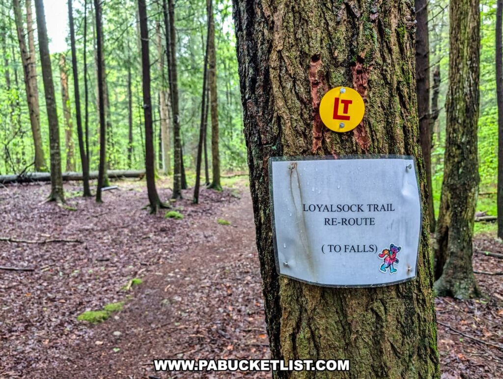 A tree along a forest trail in the Loyalsock State Forest marked with a yellow circular Loyalsock Trail blaze and a laminated sign indicating a re-route of the trail toward Angel Falls, surrounded by a damp woodland setting with tall, slender trees and a soft, leaf-covered path.