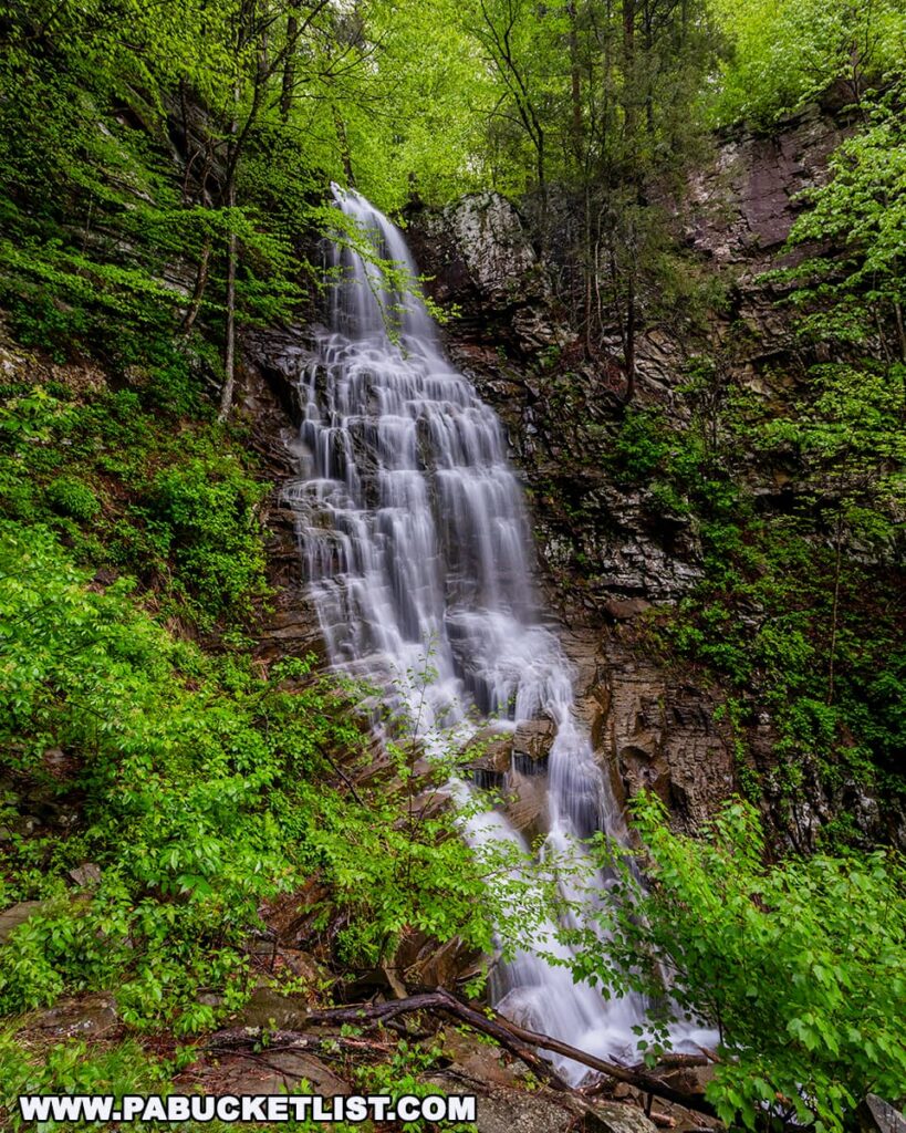 A tall, tiered cascade of Angel Falls plunges 70 feet over a rugged cliffside in the Loyalsock State Forest, framed by vibrant spring foliage and jagged rock walls, showcasing the tallest waterfall in Sullivan County, Pennsylvania.