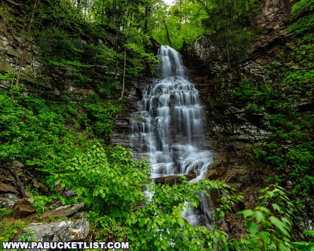 A front-facing view of Angel Falls, the tallest waterfall in Loyalsock State Forest, with water gracefully cascading 70 feet down a rugged rock face surrounded by lush greenery and steep forested cliffs in Sullivan County, Pennsylvania.