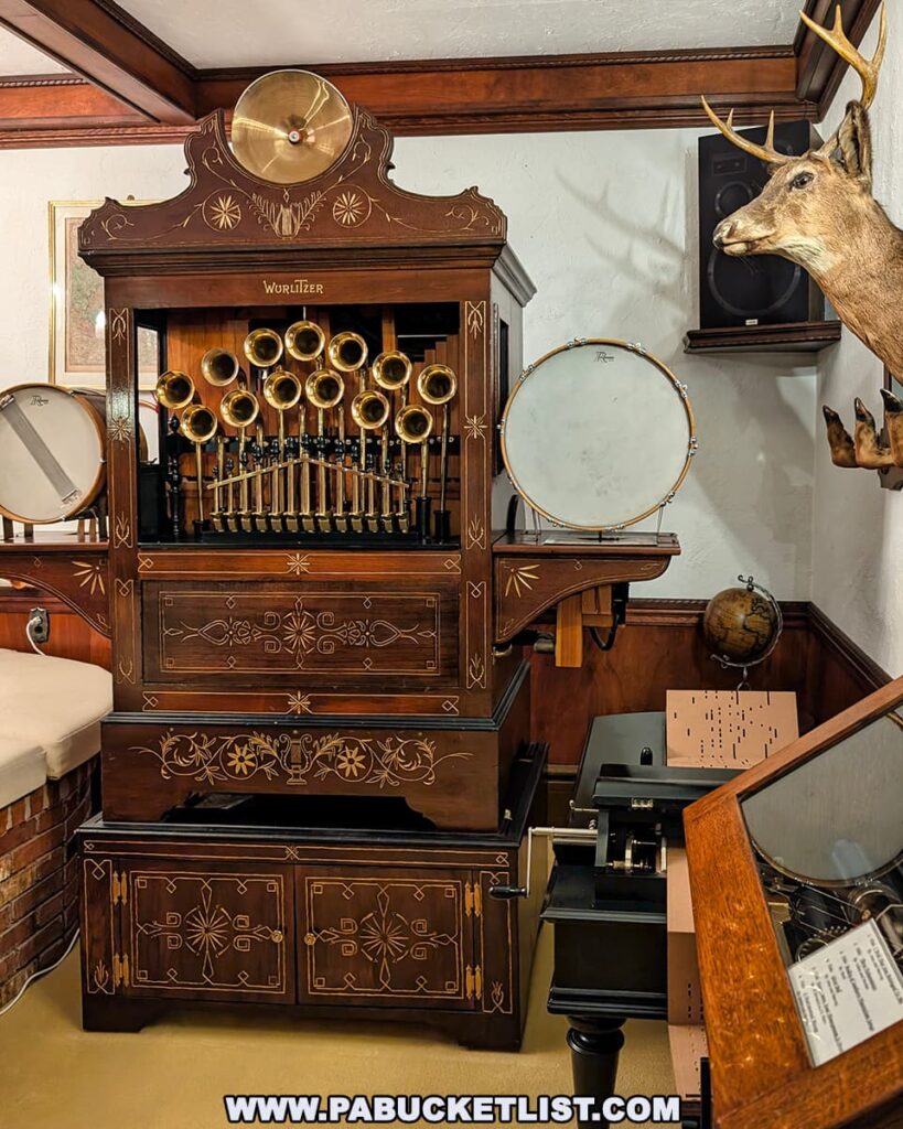 An ornate antique Wurlitzer automatic music machine on display at the Bayernhof Museum, featuring brass horns, drums, and decorative wood inlay, surrounded by period furnishings and curios, reflecting the museum’s dedication to preserving mechanical musical history in a lavish and immersive setting.