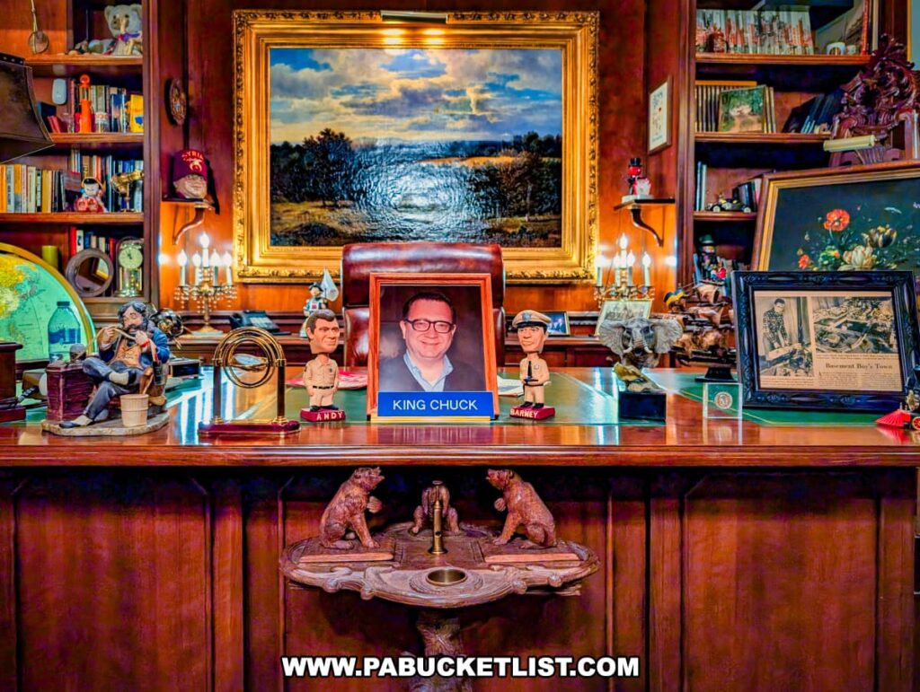 An ornately decorated office at the Bayernhof Museum showcasing the personal desk of Charles B. Brown III, filled with eclectic items including bobbleheads, framed photos, whimsical figurines, and memorabilia, all set against a backdrop of bookshelves, candelabras, and a large framed landscape painting, reflecting Brown’s eccentric personality and love of collecting.