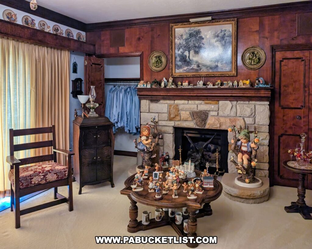 A cozy, wood-paneled bedroom inside the Bayernhof Museum featuring a stone fireplace adorned with figurines, shelves of collectibles, a round table filled with vintage Hummel-style figurines, and an open closet displaying neatly hung blue shirts, all reflecting the eclectic and whimsical style of Charles B. Brown III.