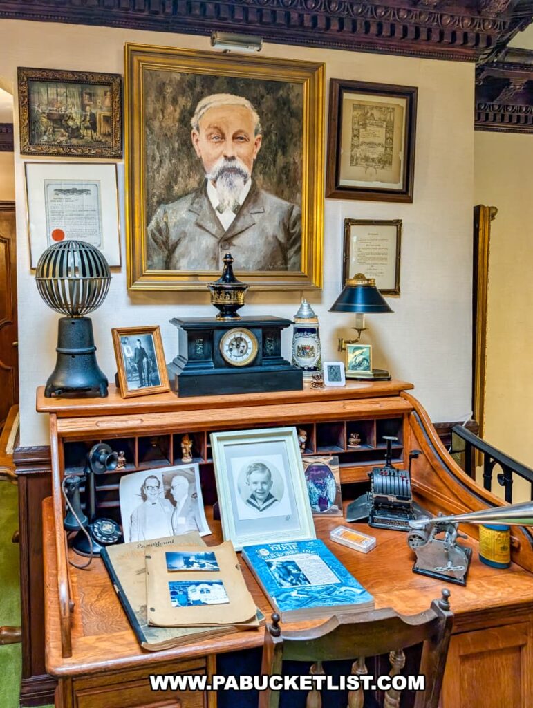 An antique roll-top desk at the Bayernhof Museum decorated with vintage family photographs, an old telephone, memorabilia, and a tabletop adding machine, all set beneath a large portrait of a distinguished bearded man and surrounded by framed certificates and documents, offering a nostalgic glimpse into the personal history and character of the mansion’s late owner, Charles B. Brown III.