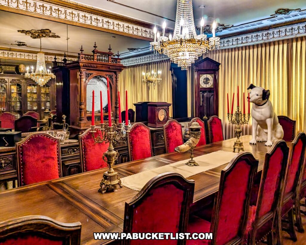 An opulent dining room at the Bayernhof Museum featuring a long wooden table with red velvet chairs, ornate brass candelabras, a large Nipper the Dog statue, and a room filled with antique grandfather clocks, crystal chandeliers, and intricately carved cabinetry, showcasing the mansion’s lavish decor and Charles B. Brown III’s passion for collecting.