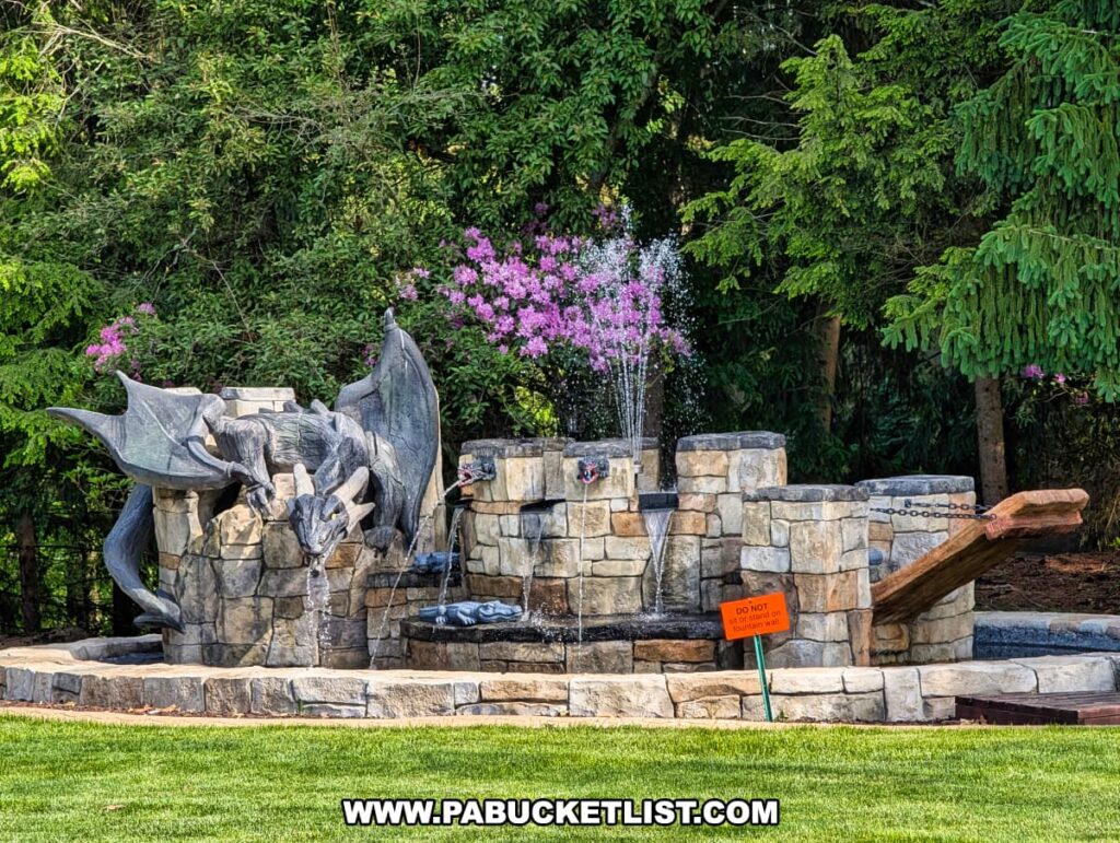 A whimsical outdoor fountain at the Bayernhof Museum featuring a sculpted dragon perched atop stonework, spouting water from its mouth alongside other jets and spigots, with a miniature drawbridge element and surrounded by lush greenery and blooming pink flowers, reflecting the museum’s playful and fantastical aesthetic.