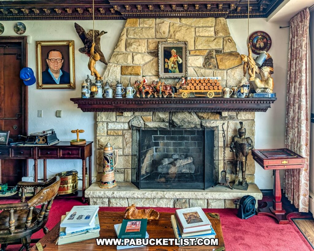 A richly decorated family room at the Bayernhof Museum featuring a large stone fireplace adorned with beer steins, figurines, a model beer wagon, and playful sculptures, with portraits of Charles B. Brown III and other whimsical artwork on the wall, surrounded by antique furniture, books, and a suit of armor, reflecting the eclectic charm and personality of the mansion's creator.