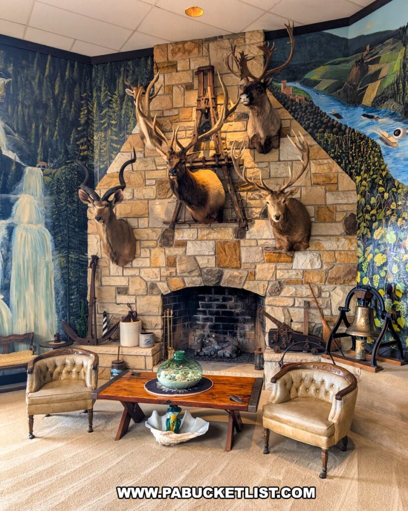 A rustic stone fireplace at the Bayernhof Museum adorned with mounted deer, elk, and caribou heads, surrounded by antique furnishings, vintage tools, and a ship’s bell, set against a mural-painted wall featuring forested waterfalls and a river scene, blending taxidermy with artistic flair in Charles B. Brown III’s eclectic mansion.