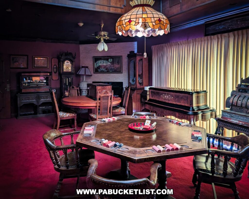 A richly decorated game room at the Bayernhof Museum featuring a poker table set with chips and cards, surrounded by antique chairs on a red carpet, with vintage musical instruments, ornate wood furniture, and a stained-glass ceiling lamp enhancing the nostalgic and eclectic ambiance of Charles B. Brown III’s mansion.