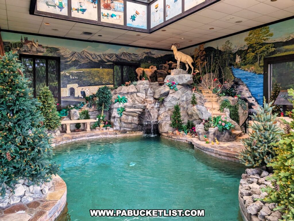 An indoor pool at the Bayernhof Museum surrounded by faux rock formations, miniature evergreen trees, and whimsical animal statues, with a cascading waterfall feature and mural-painted walls depicting alpine scenery and a flowing river, all combining to create a playful, storybook-like atmosphere inside Charles B. Brown III’s fantastical mansion.