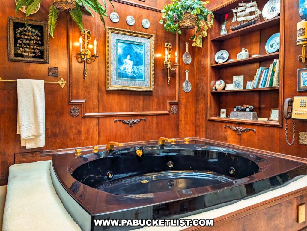A luxurious wood-paneled bathroom at the Bayernhof Museum featuring a deep black jacuzzi tub with gold fixtures, surrounded by built-in shelves displaying decorative plates, books, and model ships, ornate wall sconces, framed artwork, and potted plants, reflecting the ornate and whimsical design sensibilities found throughout Charles B. Brown III’s eclectic mansion.