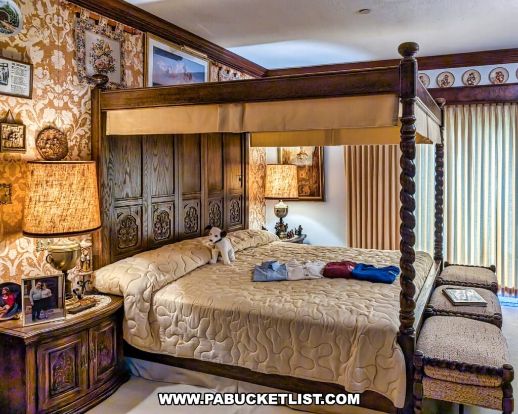 An ornately decorated bedroom at the Bayernhof Museum featuring a carved wooden canopy bed with a quilted gold bedspread, vintage nightstands with warm lamps, richly patterned wallpaper adorned with framed artwork and collectibles, and personal touches like family photos and a plush Nipper the Dog toy, all showcasing the distinctive and eclectic style of Charles B. Brown III’s unique mansion.