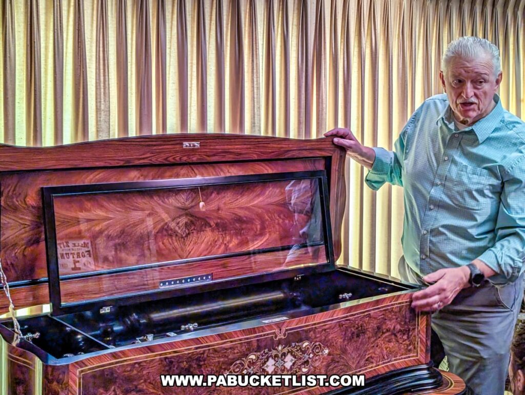 A docent at the Bayernhof Museum demonstrates a large, ornately crafted antique music box with a polished wood exterior and glass panel lid, revealing intricate internal mechanisms, as soft light filters through the pleated curtains in the background, highlighting the museum’s focus on automatic musical instruments and historical craftsmanship.