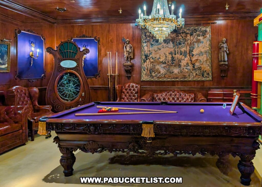 An elegant game room at the Bayernhof Museum featuring a richly carved pool table with a purple felt top, surrounded by leather chairs, ornate wood paneling, a grand chandelier, a vintage mechanical music machine, and classical statues, blending luxurious decor with the whimsical charm characteristic of Charles B. Brown III’s eclectic mansion.