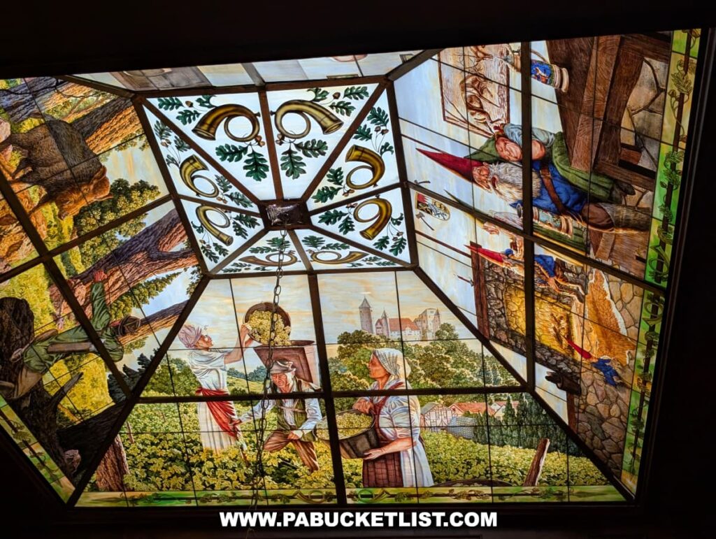 A vibrant stained-glass skylight at the Bayernhof Museum depicting whimsical scenes of gnomes, villagers harvesting hops, a medieval castle, and forest wildlife, all enclosed within a geometric frame featuring decorative oak leaves and hunting horns, showcasing the playful, fairy-tale charm and Bavarian influence found throughout Charles B. Brown III’s eclectic mansion.