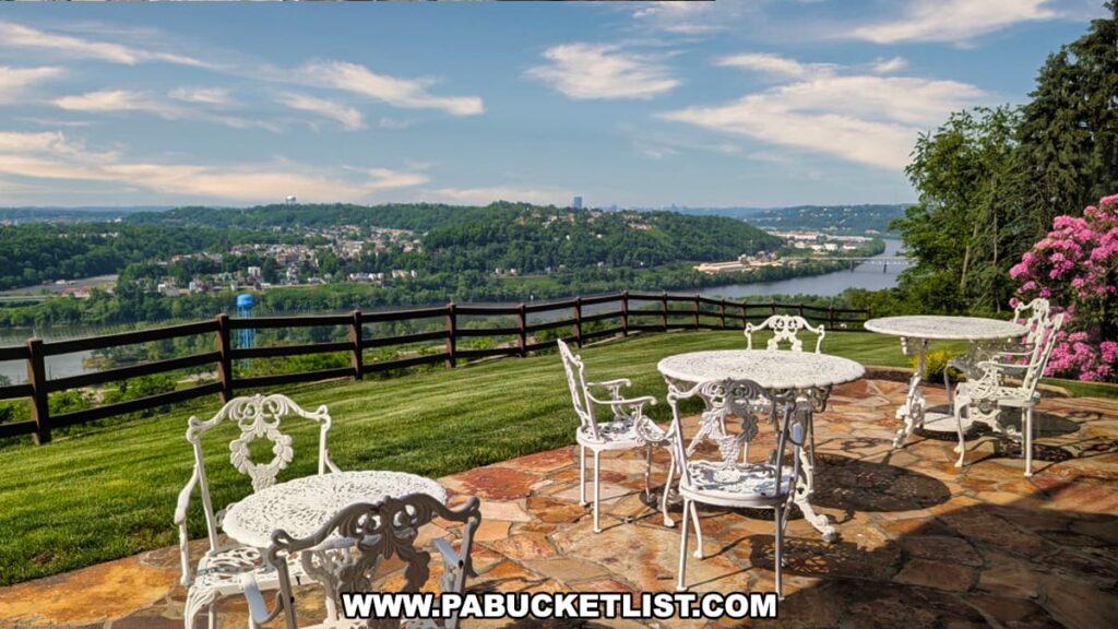 A scenic view from the Bayernhof Museum’s patio featuring ornate white wrought iron tables and chairs set on a stone terrace overlooking the Allegheny River, with rolling green hills, blooming pink rhododendrons, and a sweeping vista of the surrounding Pittsburgh area under a bright blue sky with wispy clouds.