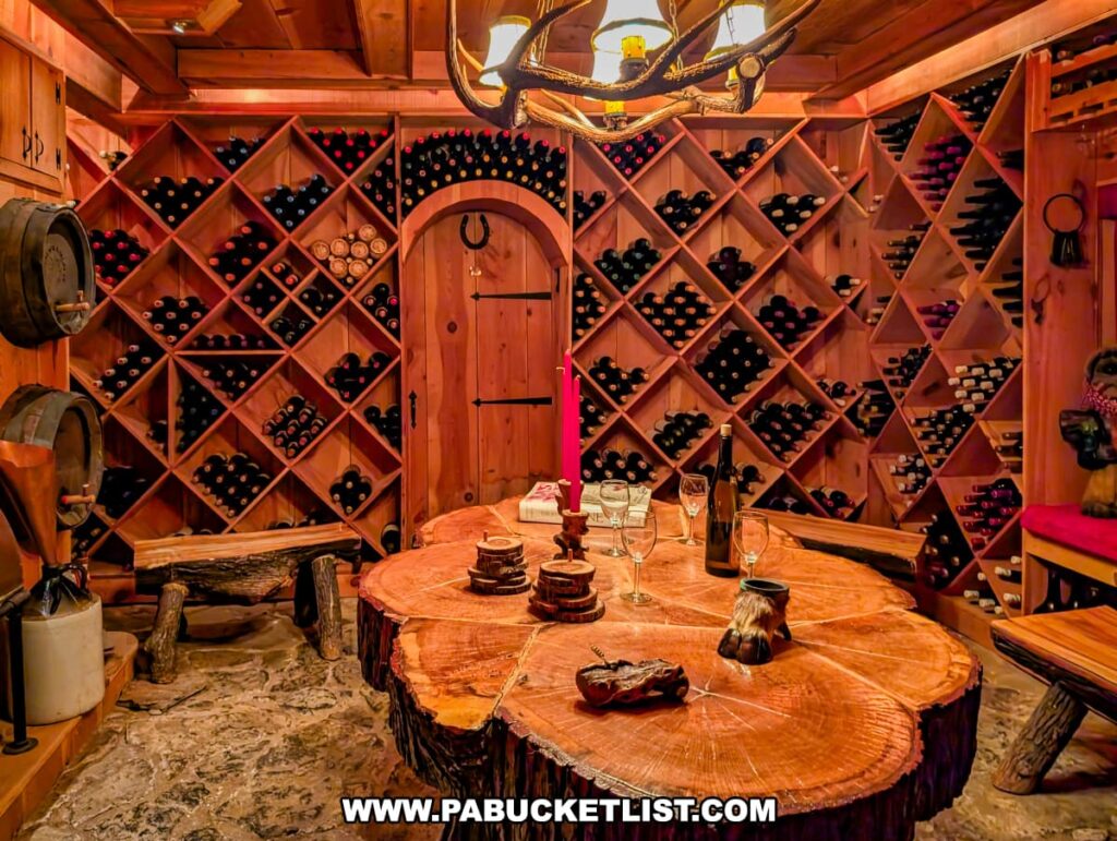 A rustic wine cellar at the Bayernhof Museum featuring floor-to-ceiling wooden racks filled with wine bottles, a tree-slab table surrounded by log benches, stone flooring, and antler chandeliers, all creating a cozy, alpine lodge atmosphere that reflects Charles B. Brown III’s love for entertaining and European-inspired design.