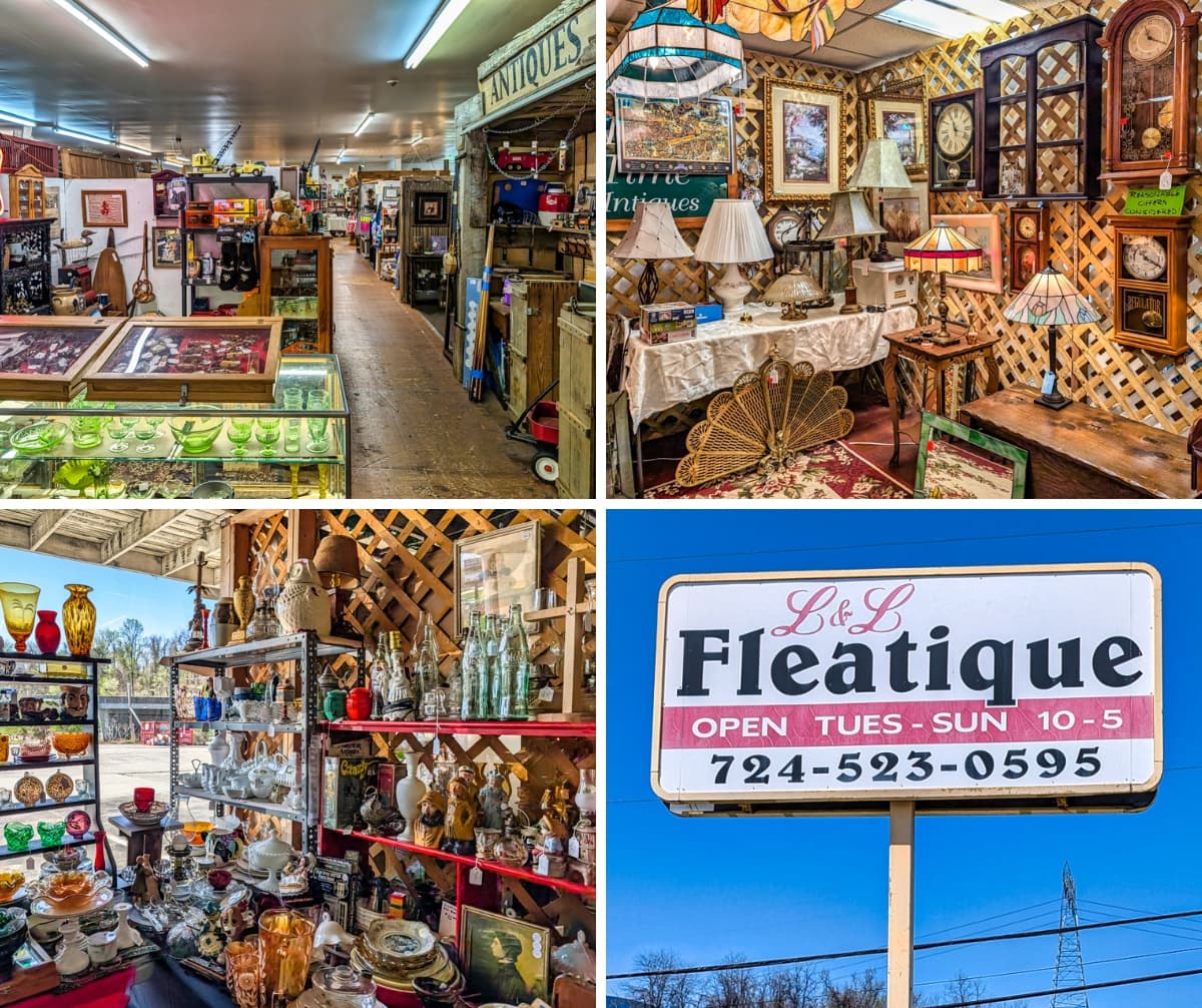 Collage of four photos taken at L and L Fleatique in Westmoreland County, PA, featuring an indoor aisle filled with antiques, a cozy vendor booth showcasing vintage clocks and stained-glass lamps, an outdoor area packed with colorful glassware and collectibles, and the business’s roadside sign displaying hours and contact information.
