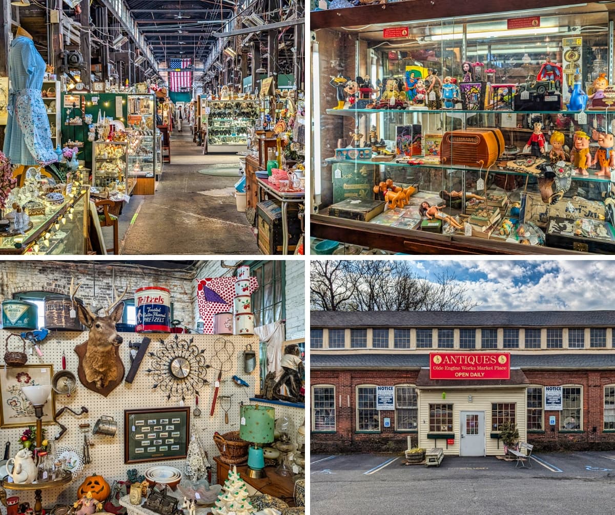 A collage of four photos depicting the diverse offerings at Olde Engine Works Antique Market, including a view down the main aisle filled with vendor booths and vintage glassware, a display case of classic toys and figurines, a pegboard wall showcasing taxidermy, antique kitchenware, and home décor, and the exterior of the historic brick factory building with large windows and a sign indicating the market is open daily.