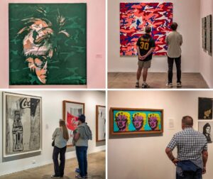 Collage of four scenes from the Andy Warhol Museum in Pittsburgh, Pennsylvania, showing visitors admiring iconic Warhol artworks including a camouflage self-portrait, a vibrant camouflage-patterned canvas, classic pop art prints of Coca-Cola bottles and Campbell’s soup cans, and a brightly colored silkscreen of Marilyn Monroe, all highlighting Warhol’s influence on contemporary art and culture.