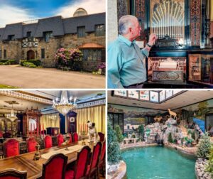 A collage of four images showcasing the Bayernhof Museum in Pittsburgh, including an exterior view of the Bavarian-style mansion with blooming rhododendrons, a docent explaining a mechanical music machine with brass pipes and intricate woodwork, an opulent dining room with red velvet chairs and chandeliers, and a whimsical indoor pool area surrounded by artificial rock formations, animal figures, and painted alpine murals, capturing the museum’s eclectic and imaginative atmosphere.