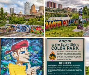 A collage of four photos taken at the Color Park in Pittsburgh featuring graffiti-covered picnic tables and concrete barriers with the city skyline in the background, a colorful stretch of murals beside the Monongahela River and 10th Street Bridge, a close-up of the “Chill Bill” mural on a garage door, and a park rules sign welcoming visitors to the South Side’s Color Park and encouraging respectful artistic expression.