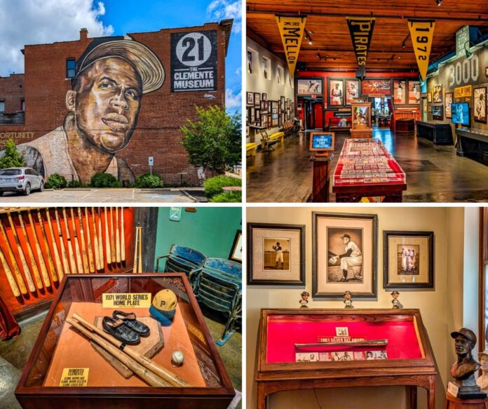 Collage of four photos from the Roberto Clemente Museum in Pittsburgh, PA, featuring a large exterior mural of Clemente on the brick museum building, a view of the interior gallery lined with memorabilia and banners, a display case containing Clemente’s game-used bats, cleats, hat, and the 1971 World Series home plate, and another case showcasing his 1961 Silver Bat Award beneath framed photos and bobbleheads.