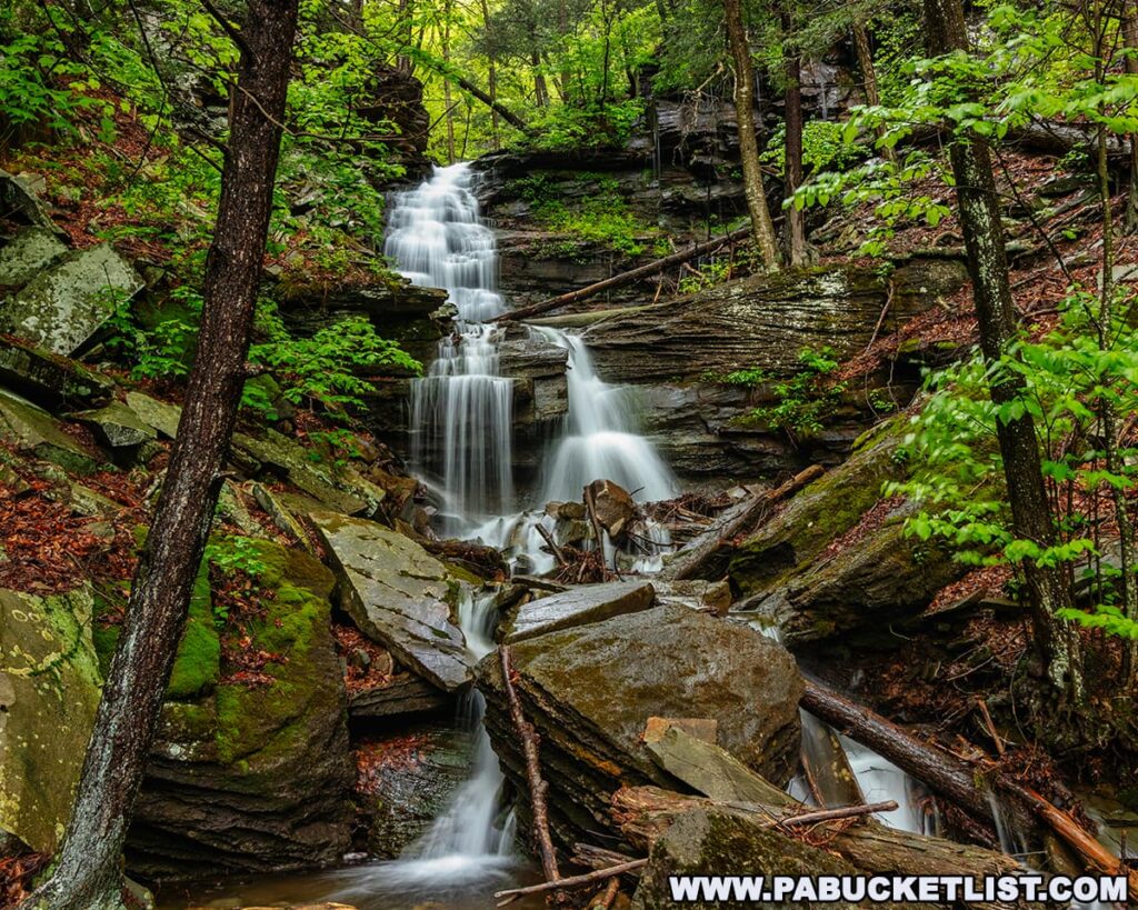 A picturesque view of Gipson Falls, downstream from Angel Falls in Loyalsock State Forest, with water cascading over multiple rock ledges through a narrow, boulder-strewn gorge surrounded by mossy stones and dense green forest in Sullivan County, Pennsylvania.