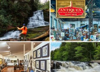 A collage of four images highlighting attractions in Monroe County, Pennsylvania: the top left shows a hiker admiring Rattlesnake Falls cascading through a mossy woodland setting; the top right features the colorful entrance and vendor booths inside Olde Engine Works Market Place; the bottom left displays framed illustrations and sculptures in a gallery room at the Frazetta Art Museum; and the bottom right captures the rushing waters of Tumbling Waters surrounded by lush green forest.