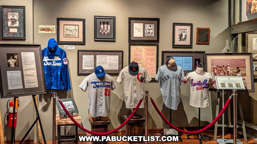 Display at the Roberto Clemente Museum in Pittsburgh, PA, featuring a collection of jerseys worn by Roberto Clemente during his baseball career in Puerto Rico, including uniforms from Santurce, San Juan, and the Puerto Rican national team, surrounded by framed documents, photographs, and historical memorabilia celebrating his roots and impact on Puerto Rican baseball.
