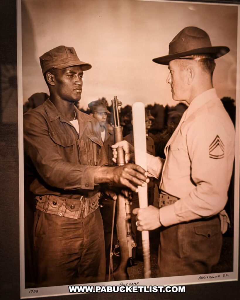 Historic black-and-white photo on display at the Roberto Clemente Museum in Pittsburgh, PA, showing Roberto Clemente in military uniform during Marine Corps basic training at Parris Island in 1958.