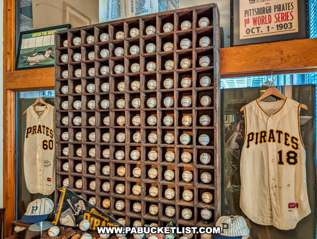 Wall display at the Roberto Clemente Museum in Pittsburgh, PA, featuring a wooden cubby shelf filled with autographed baseballs, flanked by two vintage Pittsburgh Pirates jerseys and additional memorabilia including a 1903 World Series sign, caps, gloves, and framed photos celebrating the team’s historic legacy.