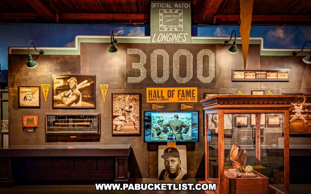 Exhibit at the Roberto Clemente Museum in Pittsburgh, PA, honoring Roberto Clemente’s 3,000 career hits milestone, Hall of Fame induction, and MVP awards, featuring historic photographs, a video display, and memorabilia including a worn batting helmet and baseball inside a wooden display case beneath bold signage reading “3000” and “Hall of Fame.”