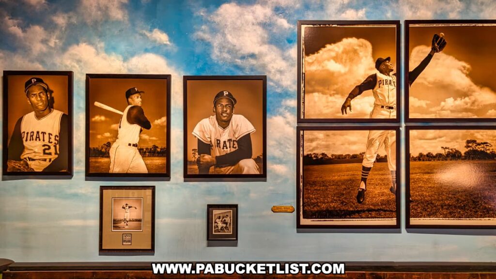 Framed sepia-toned photographs of Roberto Clemente displayed against a sky-blue mural wall at the Roberto Clemente Museum in Pittsburgh, PA, featuring action shots and portraits of Clemente in his Pittsburgh Pirates uniform, including a dramatic four-panel image of him leaping to make a catch.