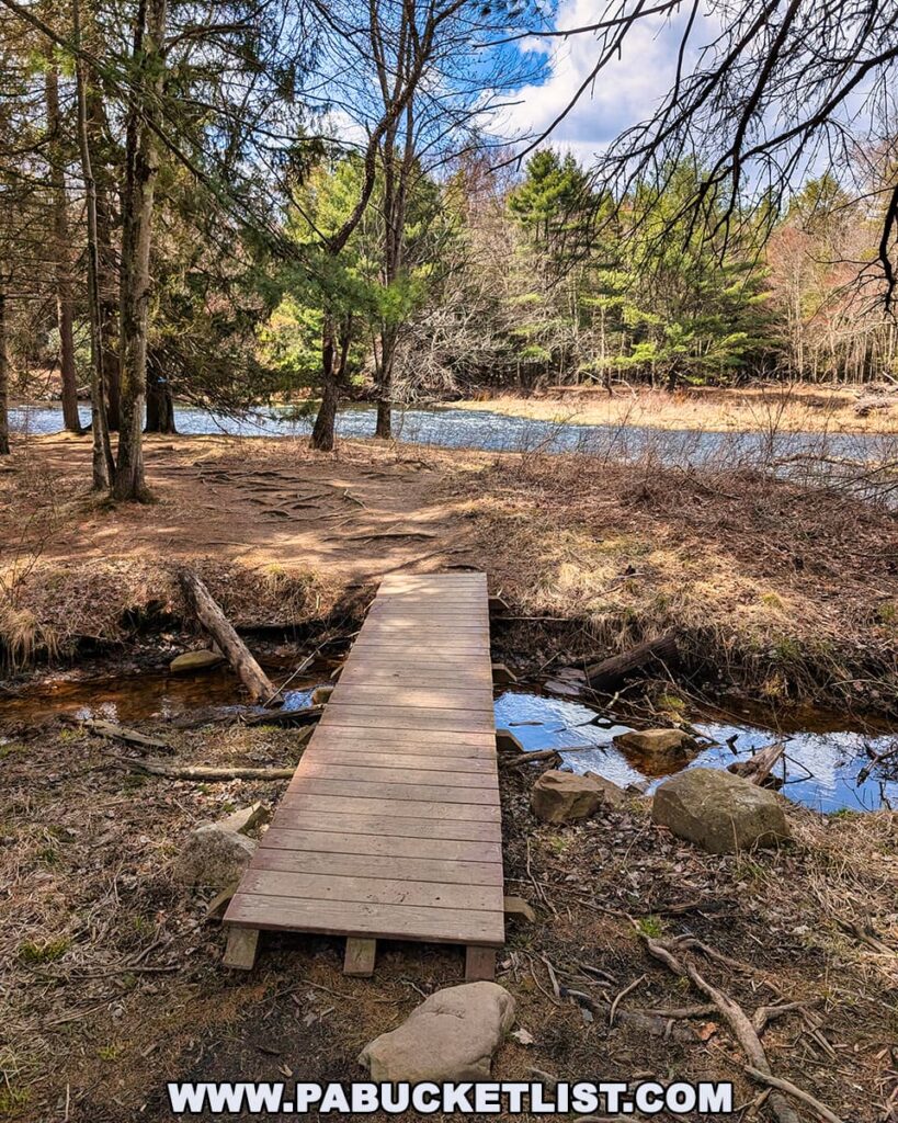 A wooden footbridge crosses a small stream along a forested trail at the Austin T. Blakeslee Natural Area in Monroe County, Pennsylvania, with leafless trees, evergreens, and the scenic Tobyhanna Creek flowing in the background on a partly cloudy day.