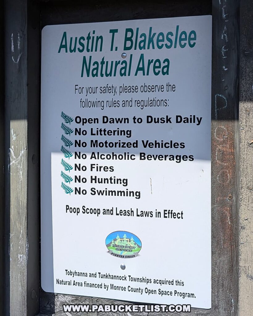 A rules and regulations sign at the entrance to the Austin T. Blakeslee Natural Area in Monroe County, Pennsylvania lists park guidelines including no littering, no fires, no swimming, and open hours from dawn to dusk, with a Monroe County Open Space logo and a note about the area's acquisition by Tobyhanna and Tunkhannock Townships.