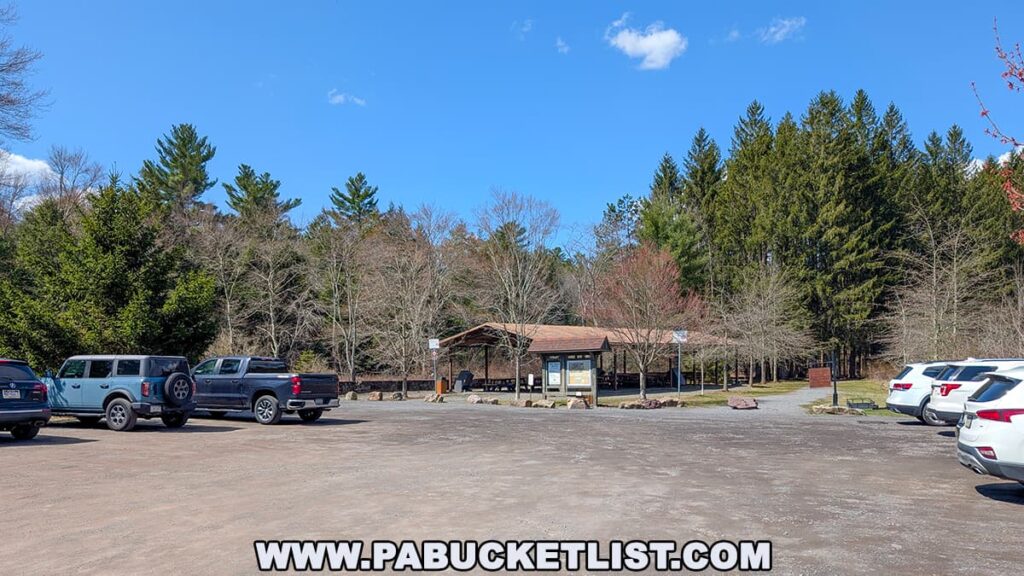 A view of the parking area at the Austin T. Blakeslee Natural Area in Monroe County, Pennsylvania shows several parked vehicles, a covered pavilion, and informational signs near the trailhead, with a backdrop of leafless trees, evergreens, and a clear blue sky.