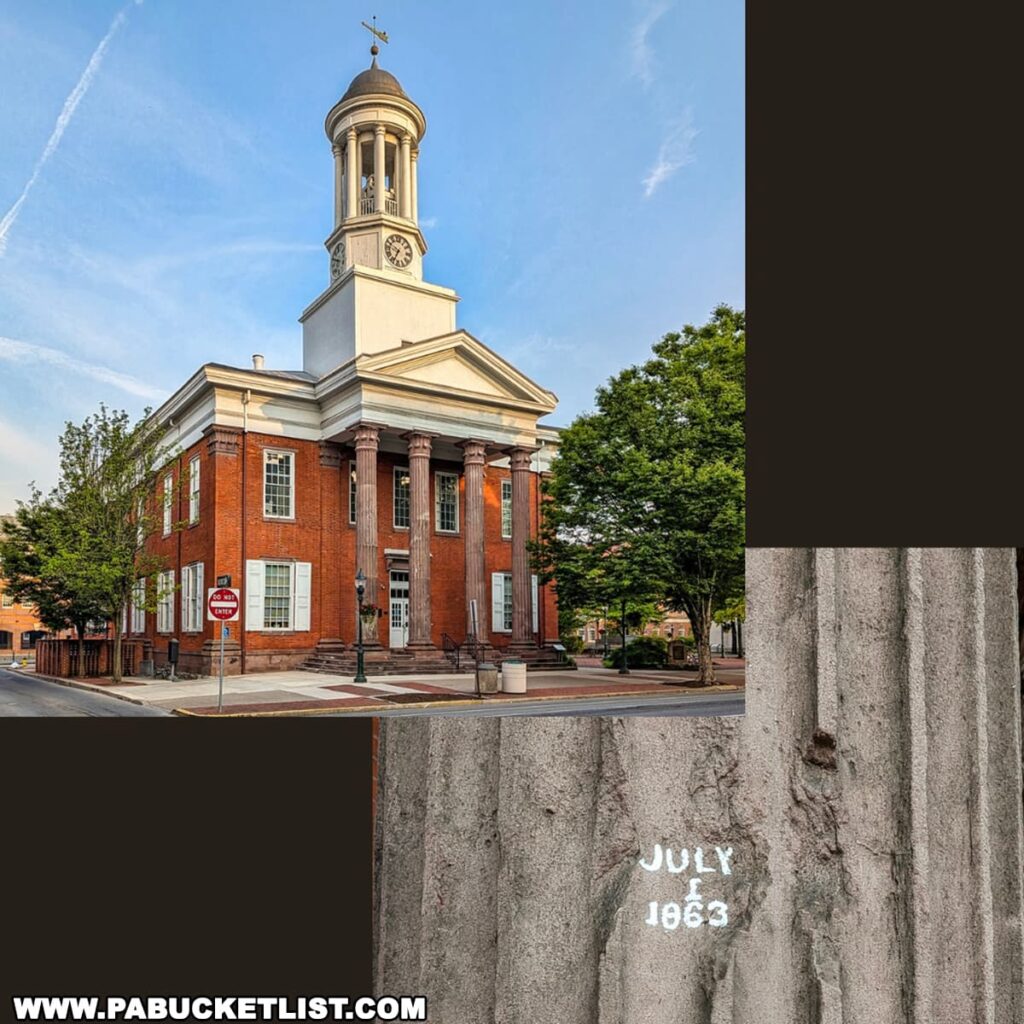 The Cumberland County Courthouse in Carlisle, PA with the inset photo showing Civil War cannonball damage to one of the front pillars from a Confederate attack on July 1, 1863.