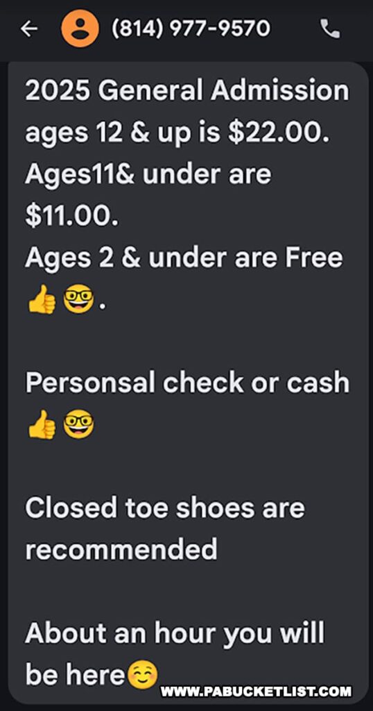 The hours and admission fees at Coral Caverns in Bedford County Pennsylvania as of 2025.
