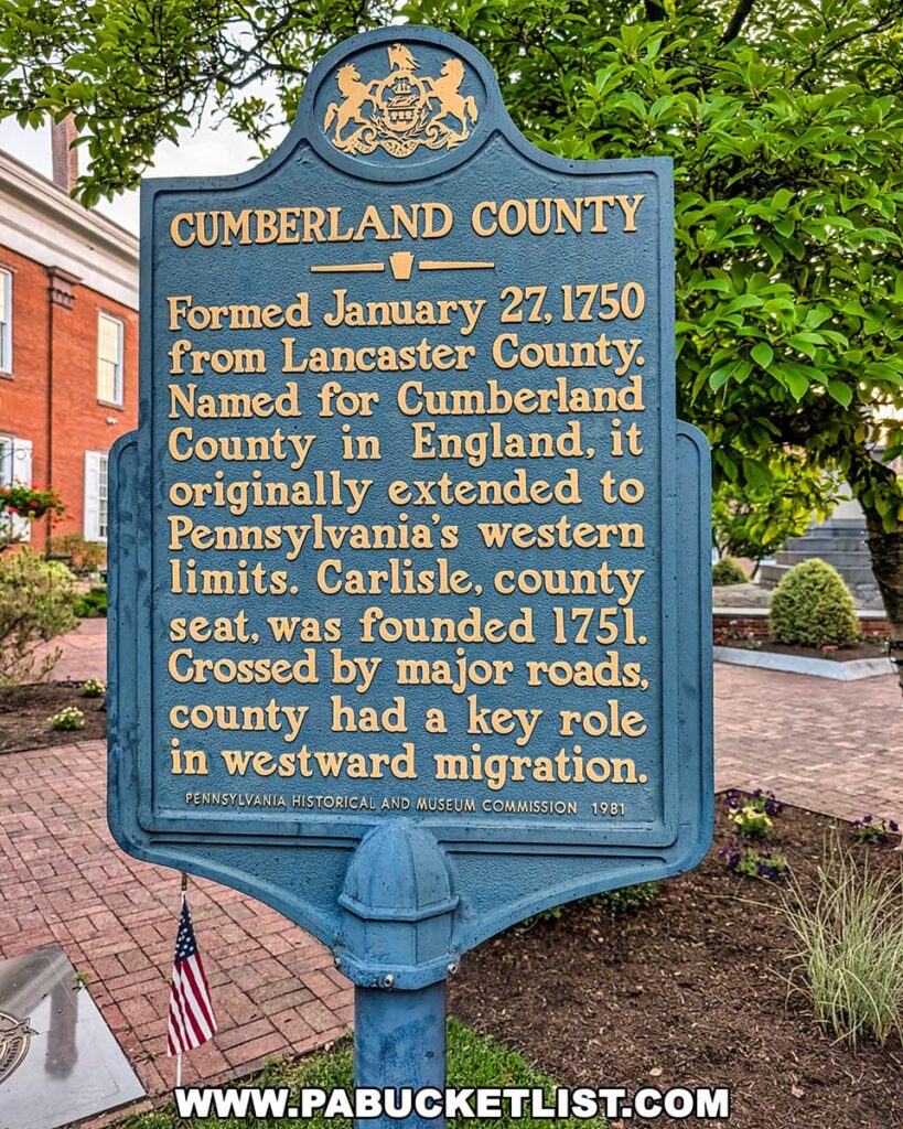 Cumberland County historical marker in front of the county courthouse in Carlisle, PA.