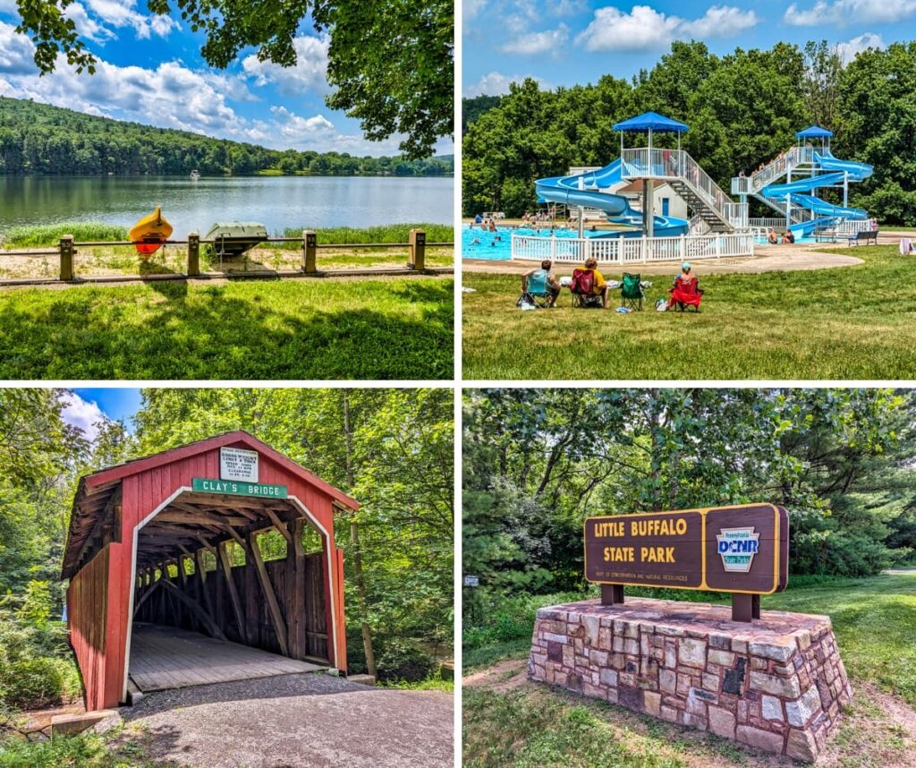 Collage of scenes from Little Buffalo State Park showing Holman Lake with boats along the shore under a blue sky, the park’s swimming pool with water slides and visitors on the lawn, Clay’s Covered Bridge surrounded by green trees, and the stone-based entrance sign for the state park set among lush summer foliage.
