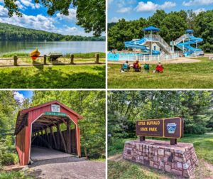Collage of scenes from Little Buffalo State Park showing Holman Lake with boats along the shore under a blue sky, the park’s swimming pool with water slides and visitors on the lawn, Clay’s Covered Bridge surrounded by green trees, and the stone-based entrance sign for the state park set among lush summer foliage.