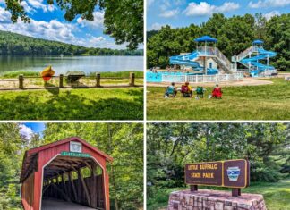 Collage of scenes from Little Buffalo State Park showing Holman Lake with boats along the shore under a blue sky, the park’s swimming pool with water slides and visitors on the lawn, Clay’s Covered Bridge surrounded by green trees, and the stone-based entrance sign for the state park set among lush summer foliage.
