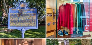 Collage of four images taken in Latrobe, Pennsylvania honoring Fred Rogers, including a Pennsylvania historical marker, a display of his iconic sweaters and shoes, original puppets from “Mister Rogers’ Neighborhood,” and a bronze statue of Rogers seated on a bench in his hometown where he was born and is buried.