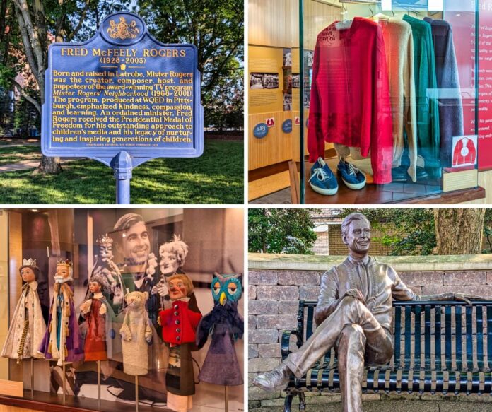 Exploring-Mister-Rogers-Neighborhood-Latrobe-PA Collage of four images taken in Latrobe, Pennsylvania honoring Fred Rogers, including a Pennsylvania historical marker, a display of his iconic sweaters and shoes, original puppets from “Mister Rogers’ Neighborhood,” and a bronze statue of Rogers seated on a bench in his hometown where he was born and is buried.